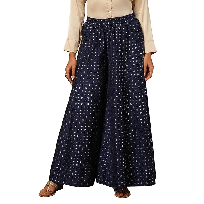 Globus Women Variegated Stripes Button Detail Mid-Rise Flared Fusion Palazzos